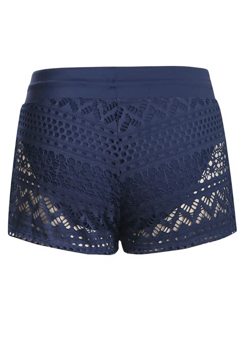 Brinn Womens Lace Shorts Hollow Out Overlay Swim Bottom Blue Amber