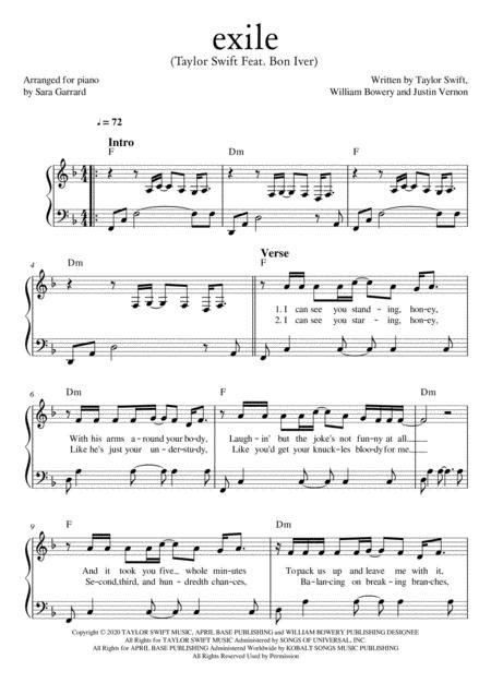 Exile Taylor Swift Piano Solo Free Music Sheet