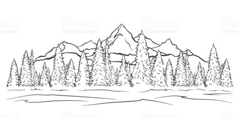 Hand Drawn Mountains Sketch Landscape With Peaks And Pine Forest