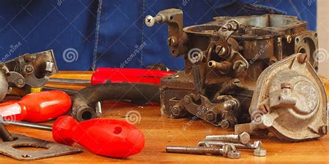 Tools And Engine Parts In The Workplace Automotive Serviceman Stock