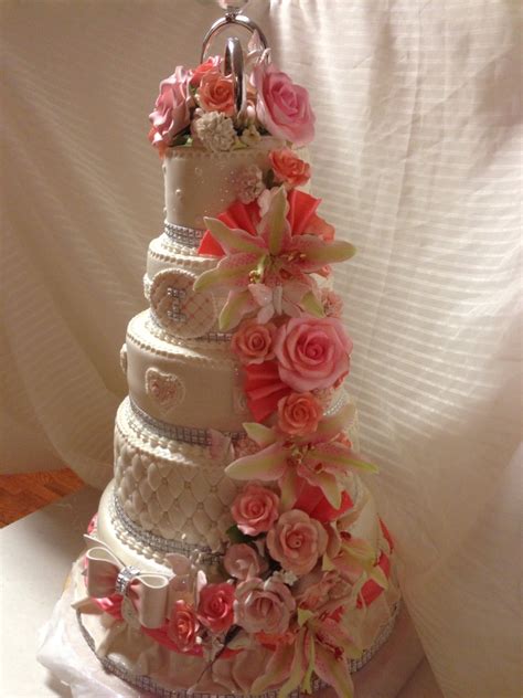 Coral Themed Wedding Cakes Tons Of Sugar Flowers