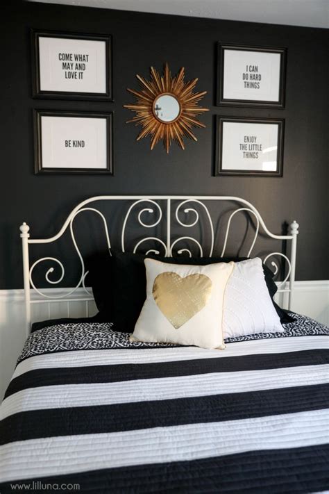 The spaces in these photos stephen shubel created a moody and eclectic look in his bedroom by mounting flea market finds to. Black, White and Gold Guest Bedroom - so simple and ...