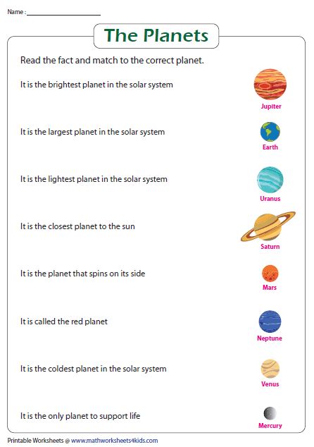 Match The Fact To The Planet Solar System Worksheets Solar System