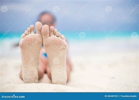 Close Up Of Female Feet On White Sandy Beach Stock Photo Image Of