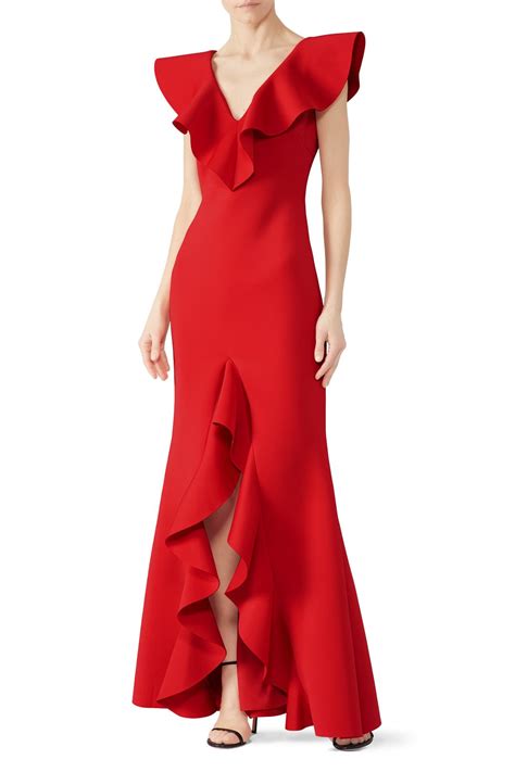 Red Ruffle V Neck Gown By Badgley Mischka For 75 Rent The Runway