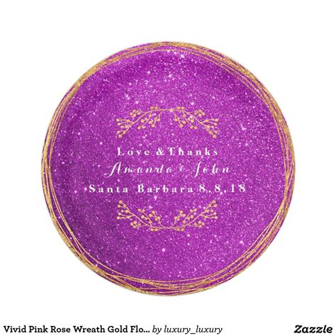 Vivid Pink Rose Wreath Gold Floral Glitter Wedding 7 Inch Paper Plate