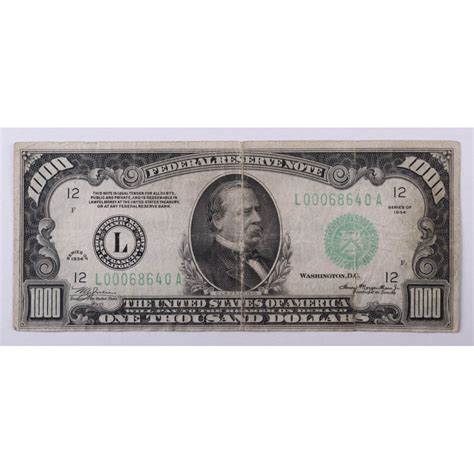 1934 1000 One Thousand Dollar Us Federal Reserve Note Pristine Auction
