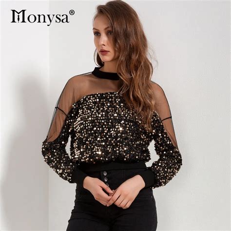 Sequin Top Women 2018 Autumn New Arrivals Fashion Long Sleeve Mesh