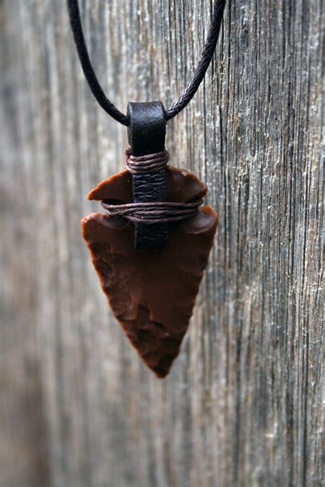 Native American Arrowhead Pendant Necklace Carved Stone Leather Binded