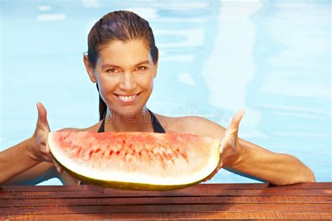 Woman Holding Melon In Pool Stock Image Image Of Outdoor Melon 24820997