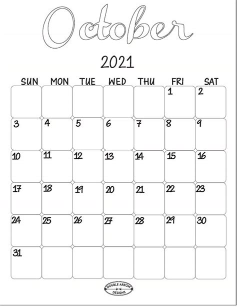 October 2021 Calendar Printable Lets Be Inspired Double Arrow Designs