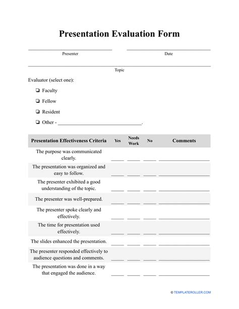 Printable Simple Presentation Evaluation Form Printable Forms Free Online