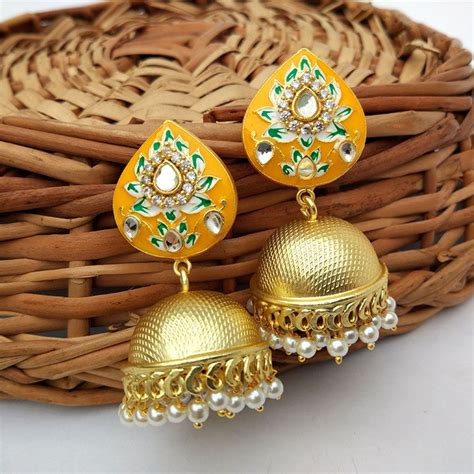 Indian Traditional Yellow Meena Jhumki Jhumka Earrings Fashioncrab