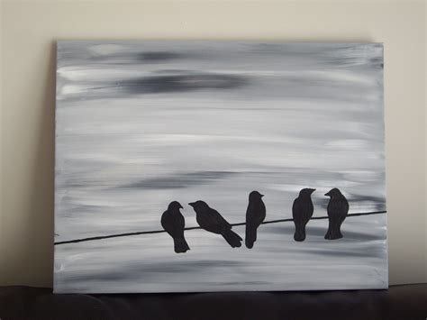 Bird Silhouette Acrylic Painting On Canvas Grey Black White And