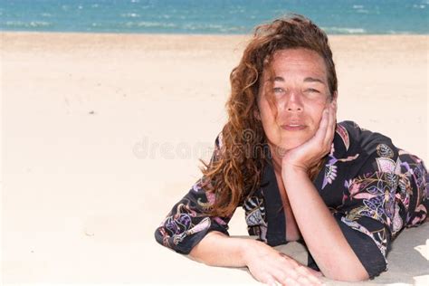 Middle Aged Woman Enjoy Vacation By Sea Lying On Sand Beach Stock Image Image Of Modern Beach