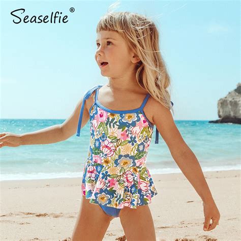 Seaselfie Blue Floral One Piece Swimsuit Shoulder Lace Up Ruffled