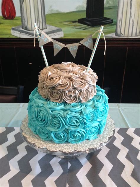 Beautiful Gray And Turquoise Rosette Cake With Banner Rosette Cake