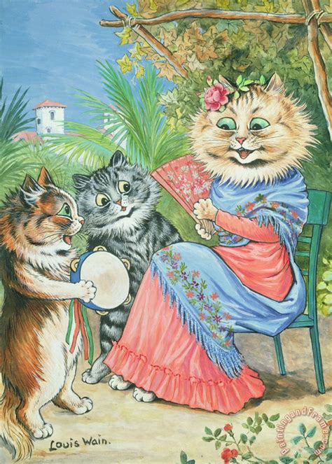 Louis Wain Mother Cat With Fan And Two Kittens Painting Mother Cat
