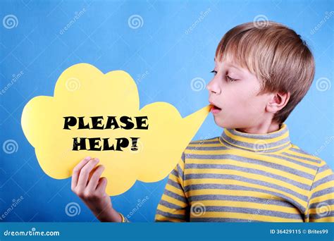 Beautiful Funny Blond Boy Holding A Message Please Help Stock Image