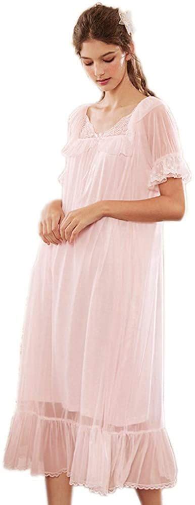 Womens Long Sheer Vintage Victorian Lace Nightgown Sleepwear Pyjamas