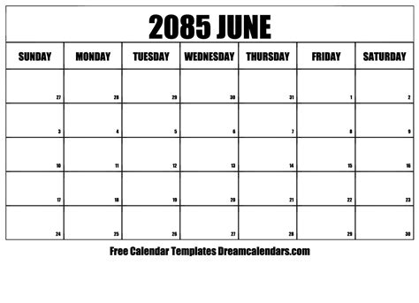 June 2085 Calendar Free Blank Printable With Holidays