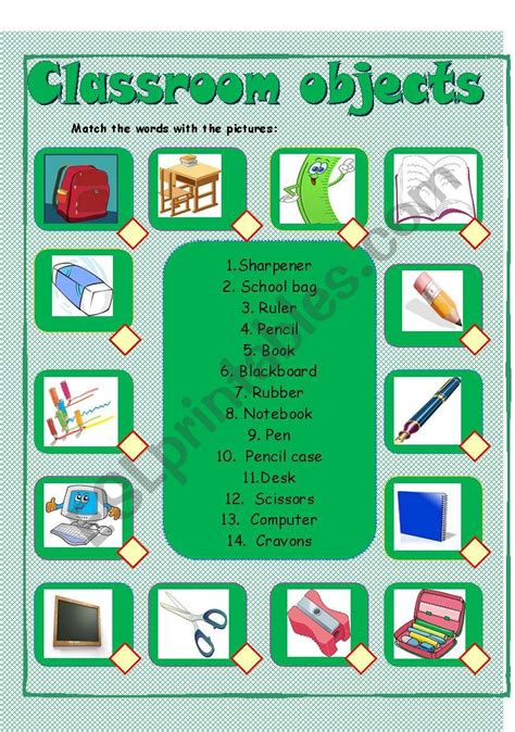 Classroom Objects Matching Worksheet