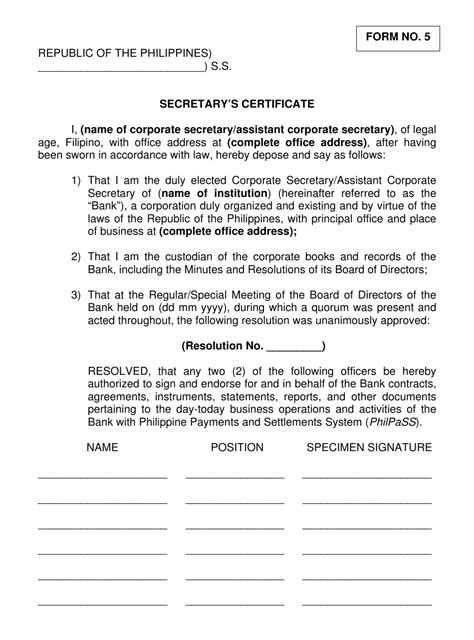 Use of sample authorization letter to sign documents. Philippines Secretary's Certificate Form Download ...
