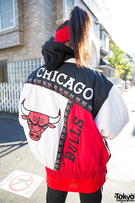 Harajuku Girl In Chicago Bulls Bomber Jacket Adidas And Air Jordans