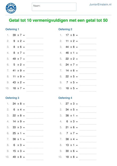 Werkblad Getal Tot 10 Vermenigvuldigen Met Een Getal Tot