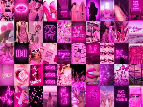 printed boujee pink neon photo collage kit hot pink aesthetic baddie room decor teen room wall