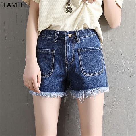 Plamtee Women Vintage High Waist Denim Shorts Raw Edge Tassel Denim Shorts Female Dark Blue Jean