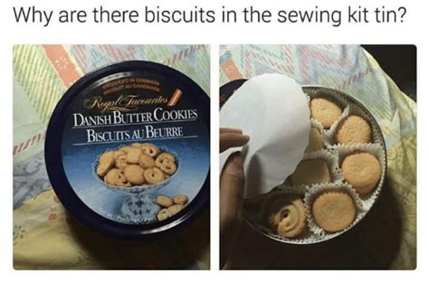 This pin is perfect for anyone who has ever opened a danish butter cookie tin only to find a sewing kit and not cookies. Who Put Cookies In The Sewing Kit