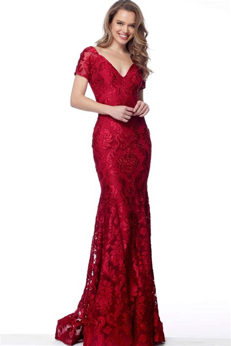 Jovani 68446 Short Sleeve Lace Embroidered Fitted Evening Dress