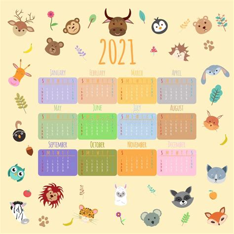 Animals Calendar 2021 Beautiful Cute Animals Flat Cartoon Characters