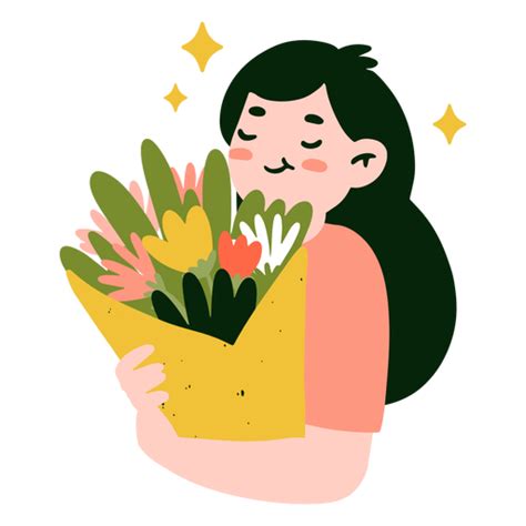 diseño png y svg de mujer feliz sosteniendo flores planas para camisetas