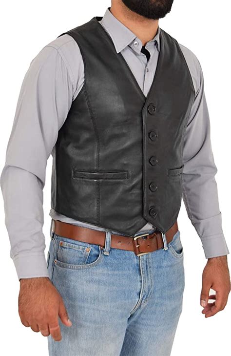 Mens Full Leather Waistcoat Black Gilet Traditional Smart Vest King