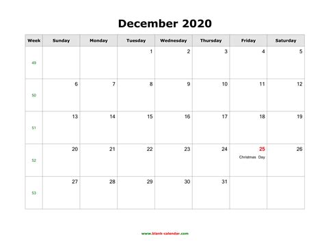 Download December 2020 Blank Calendar With Us Holidays Horizontal