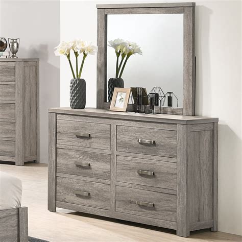 Floren Contemporary Weathered Gray Wood 6 Drawer Dresser With Mirror