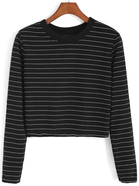 Round Neck Striped Crop Black Sweatshirtfor Women Romwe