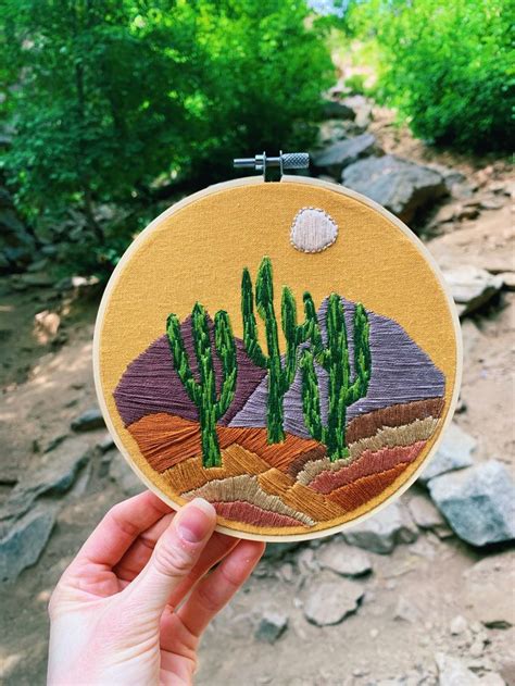 Desert Scene Embroidery Handmade Cactus Embroidery Art Fiber Etsy