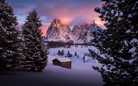 Download Wallpaper 1680x1050 Winter Cabin Landscape Nature Dawn