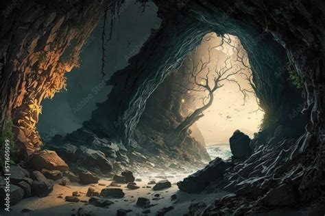 Illustration Of The Entrance Of A Cave In The Forest Created With Generative Ai Stock