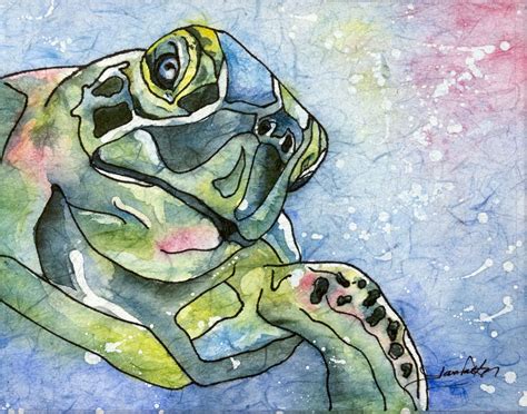 Whimsical Sea Turtle Watercolor Batik On Rice Paper Original Art