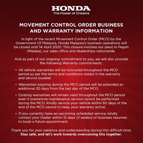 The movement control order was introduced to restrict the movement of people in malaysia, in an effort to slow down the spread of. Covid-19: Honda Malaysia announces 30-day warranty ...
