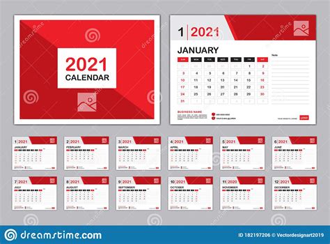 Calendar 2021 Template Red Creative Concept Set Desk Calendar Design