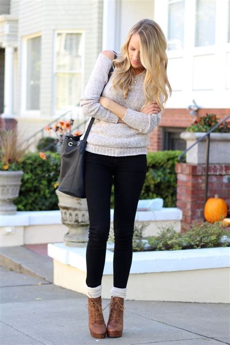 Womens Grey Oversized Sweater Black Skinny Jeans Brown