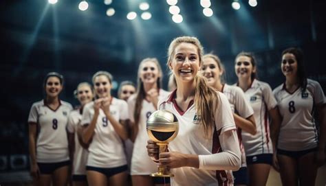 premium ai image happy women in volleyball wear posing on the volleyball court before the
