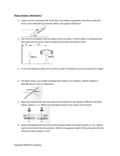 Light Mirrors Reflection Refraction And Refractive Index Worksheets