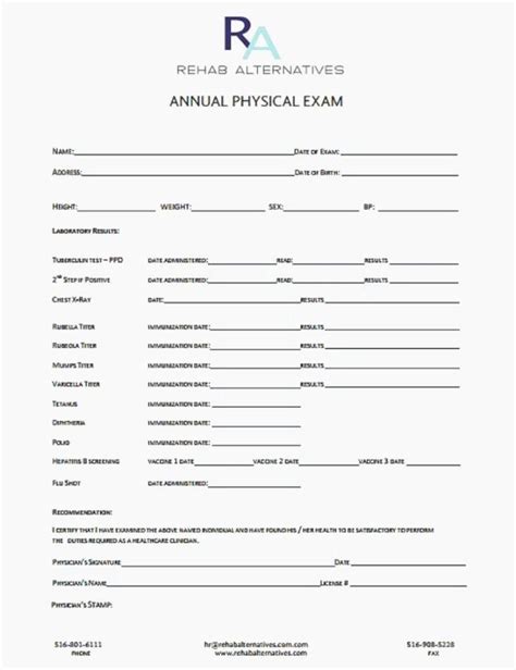 Printable Annual Physical Exam Forms