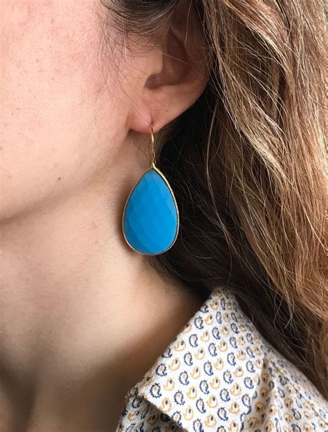 Large Turquoise Teardrop Long Drop Earring Pear Shape Blue Turquoise